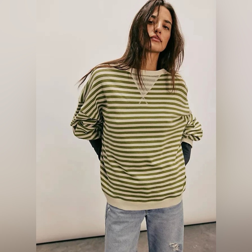 We the Free Classic Striped Oversized Crew Neck Sweatshirt Green Woodland L
